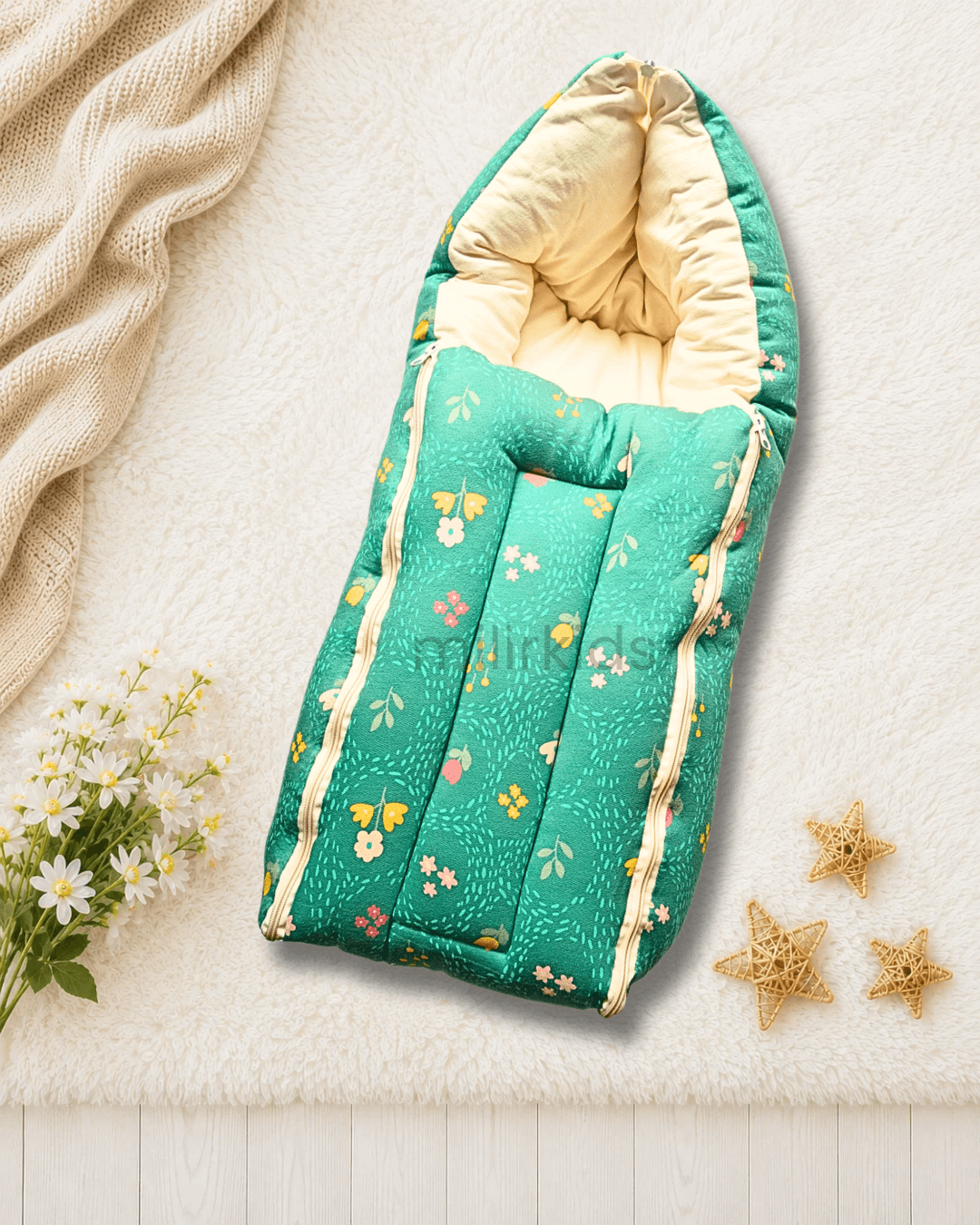 Aqua floral baby carry nest for newborn soft and travel friendly