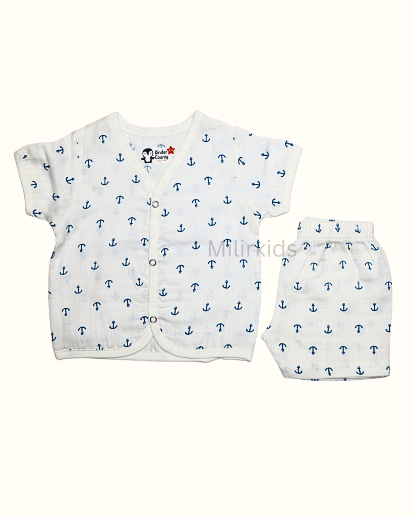 Muslin half sleeve front open jabla with shorts anchor print