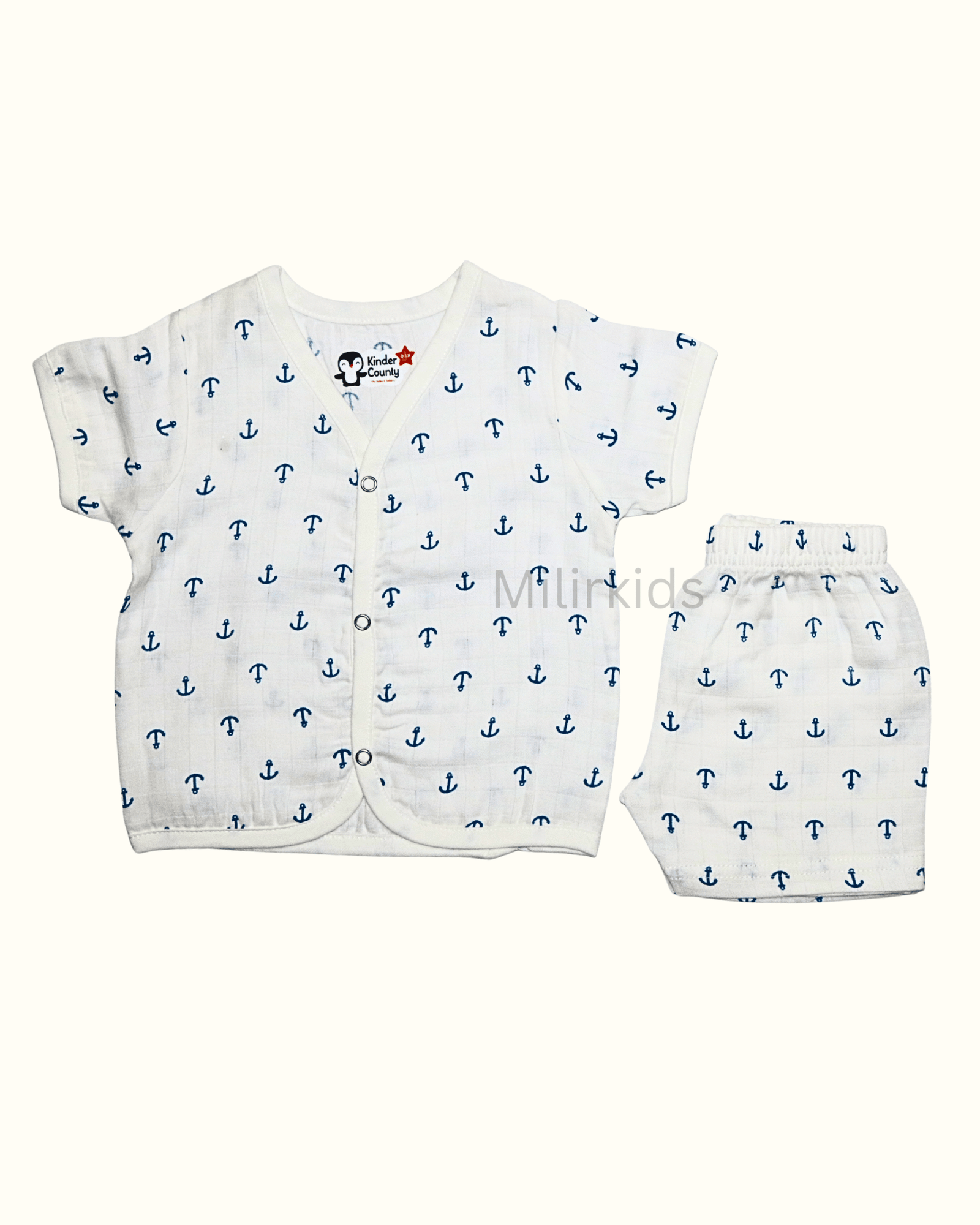 Muslin half sleeve front open jabla with shorts anchor print