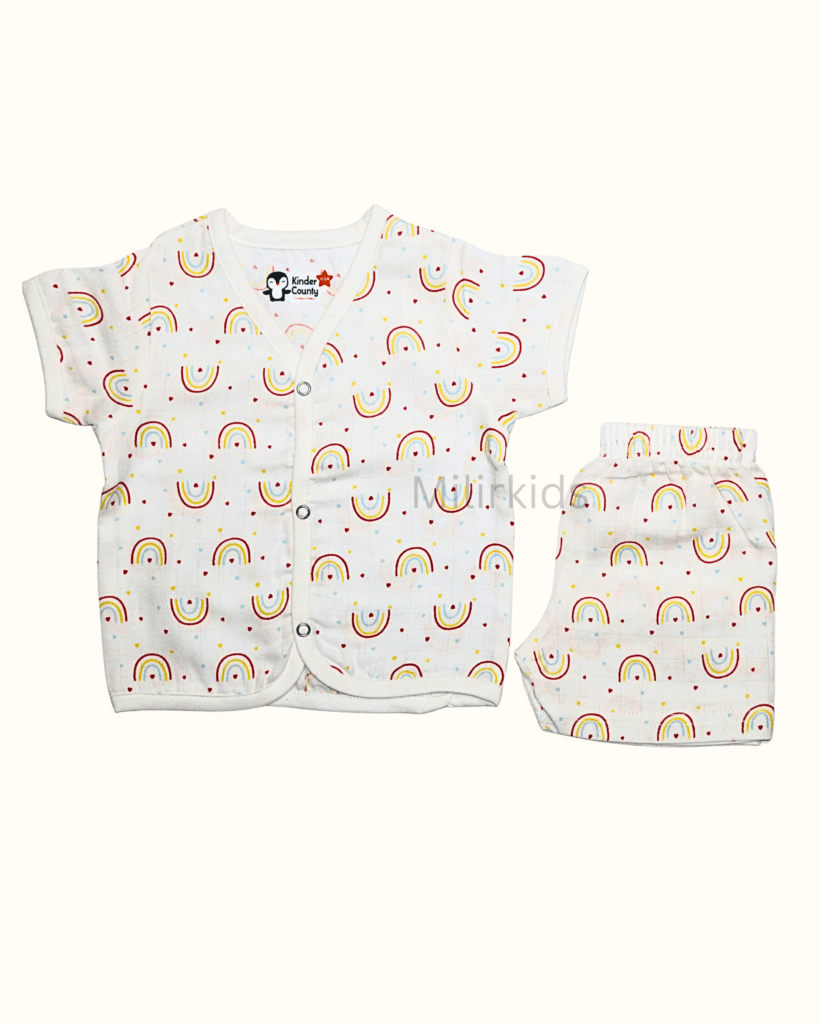 Muslin half sleeve front open jabla with shorts rainbow print