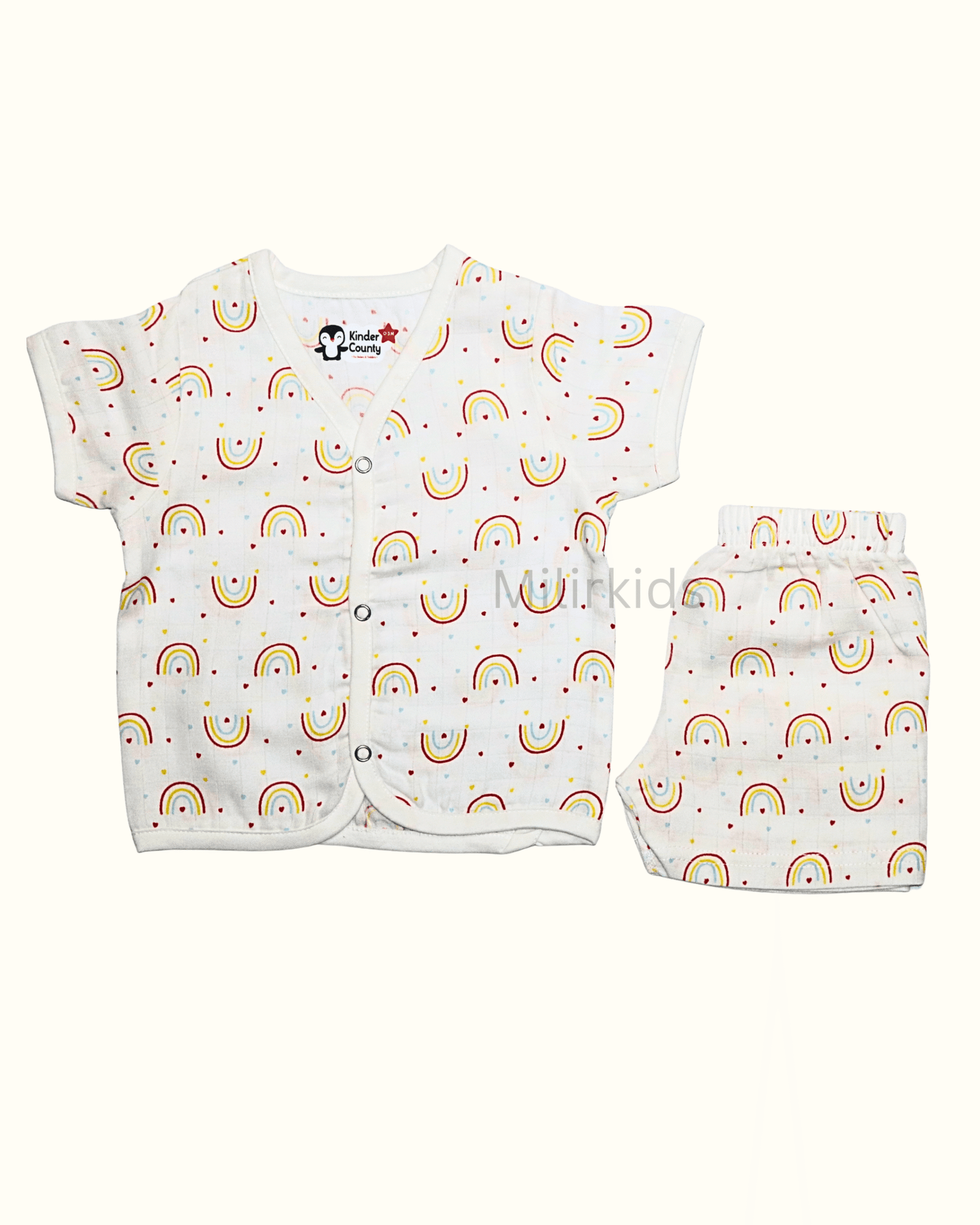 Muslin half sleeve front open jabla with shorts rainbow print
