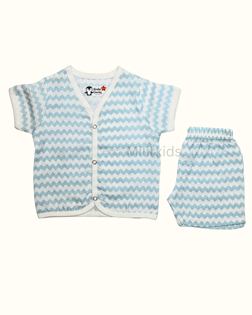 Muslin half sleeve front open jabla with shorts skyblue print