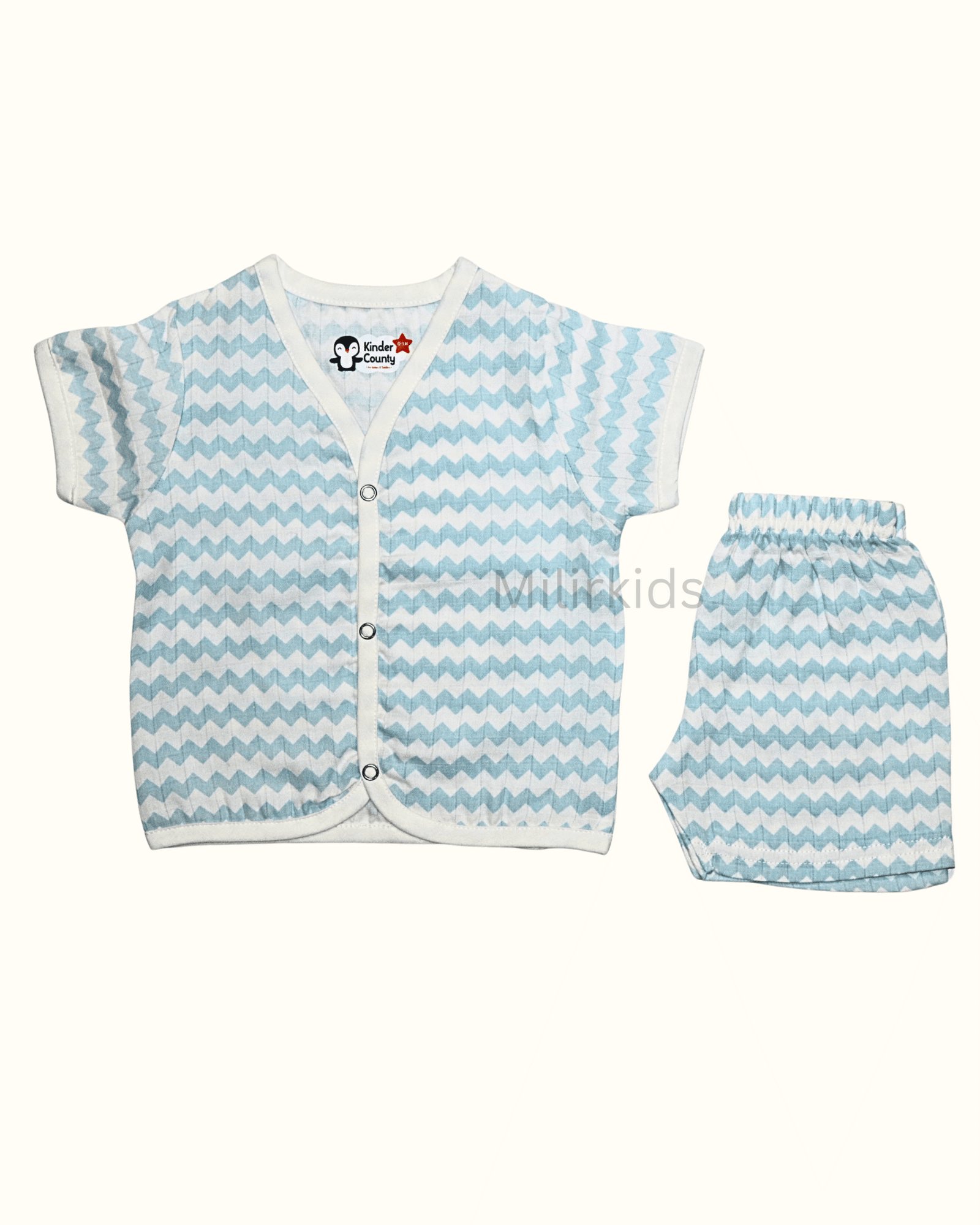 Muslin half sleeve front open jabla with shorts skyblue print