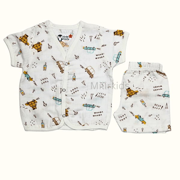 Muslin half sleeve front open jabla with shorts traffic print