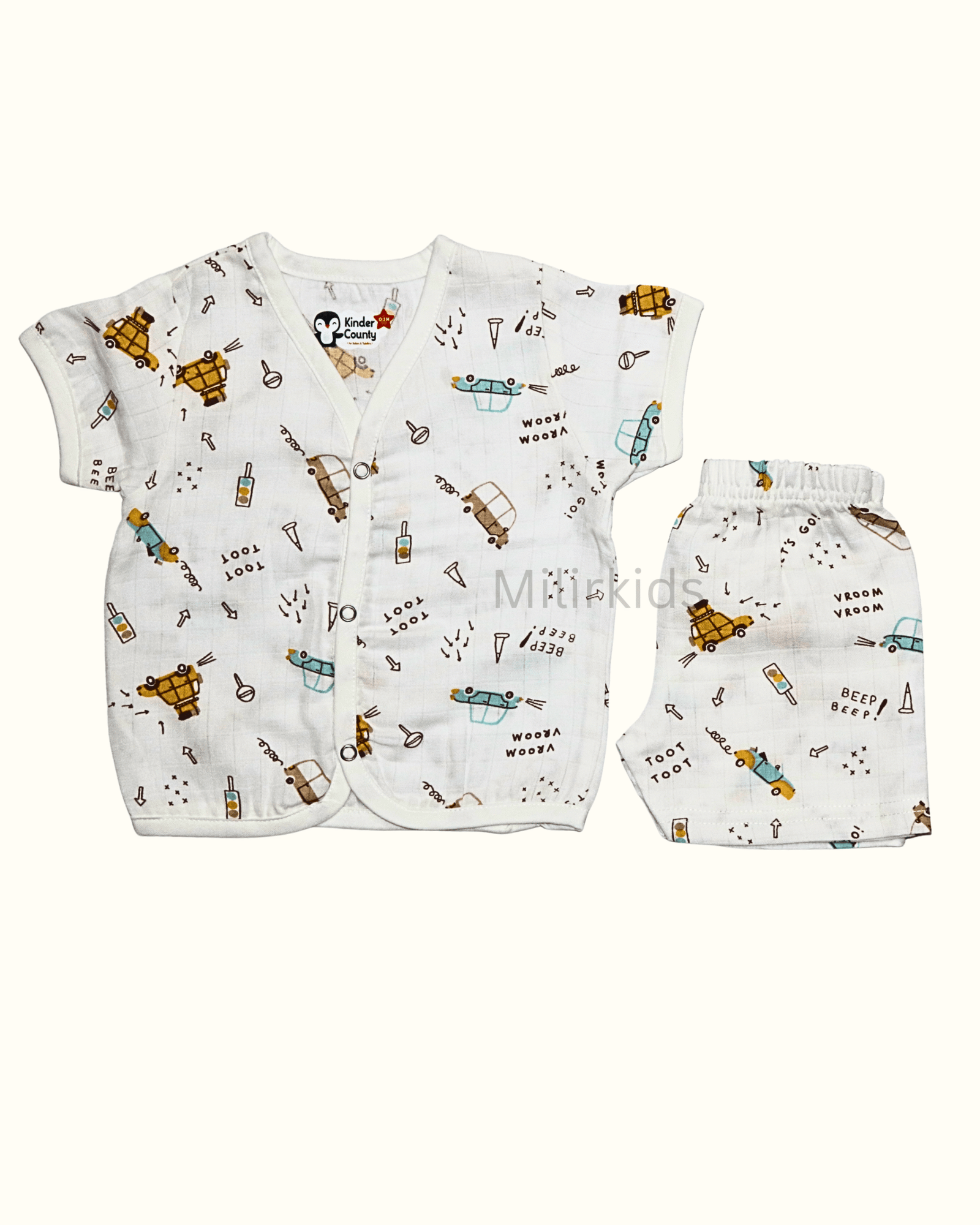 Muslin half sleeve front open jabla with shorts traffic print