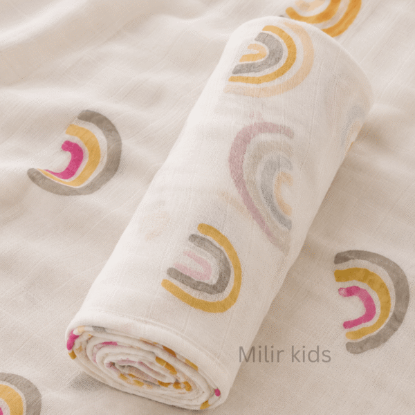 Muslin Swaddle Blanket – 130 × 110 cm – Boho Rainbow