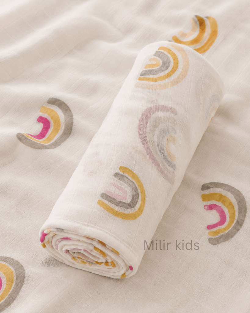 Muslin Swaddle Blanket – 130 × 110 cm – Boho Rainbow
