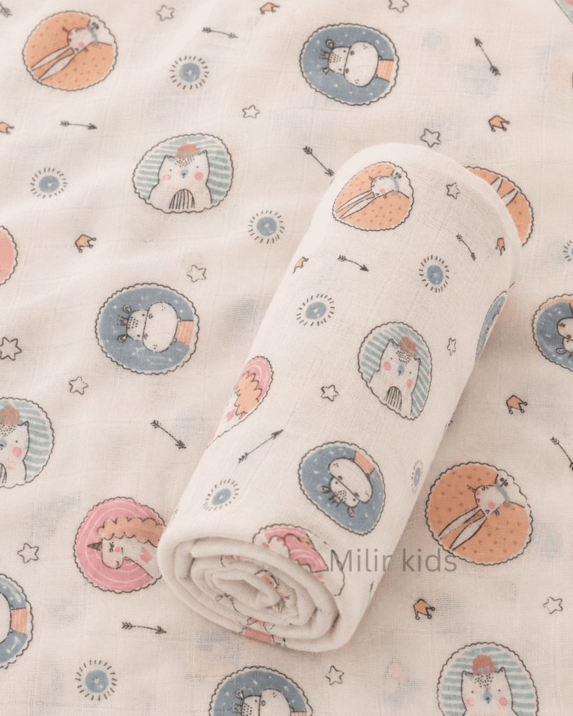 Muslin Swaddle Blanket – 130 × 110 cm – Cute Animal Portraits