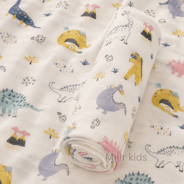 Muslin Swaddle Blanket – 130 × 110 cm – Dino Adventure