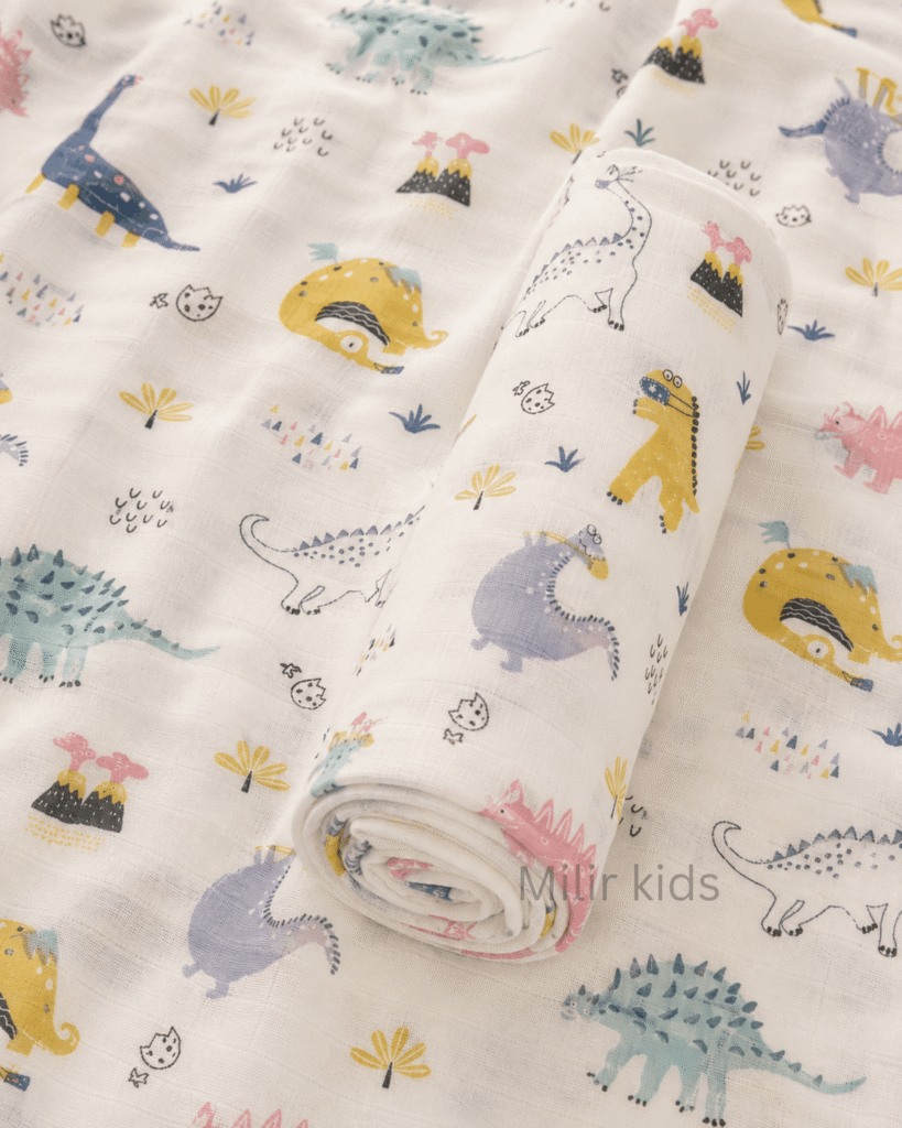 Muslin Swaddle Blanket – 130 × 110 cm – Dino Adventure