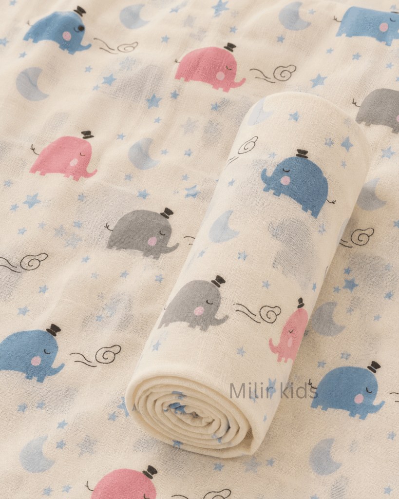 Muslin Swaddle Blanket – 130 × 110 cm – Dreamy Elephant