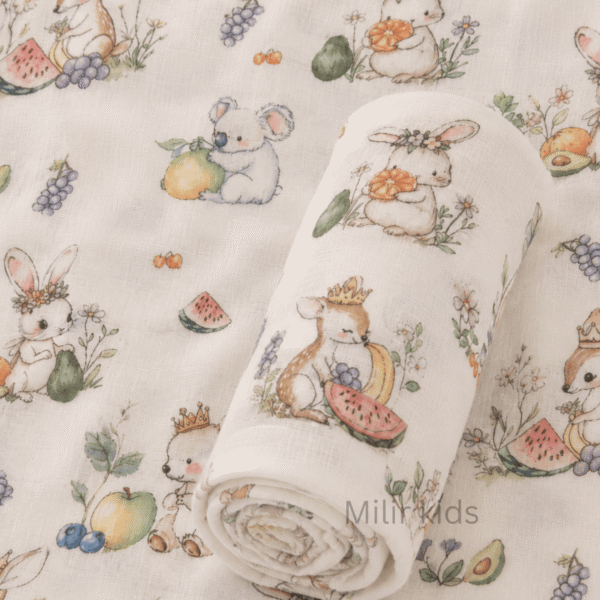 Muslin Swaddle Blanket – 130 × 110 cm – Fruit Garden Friends