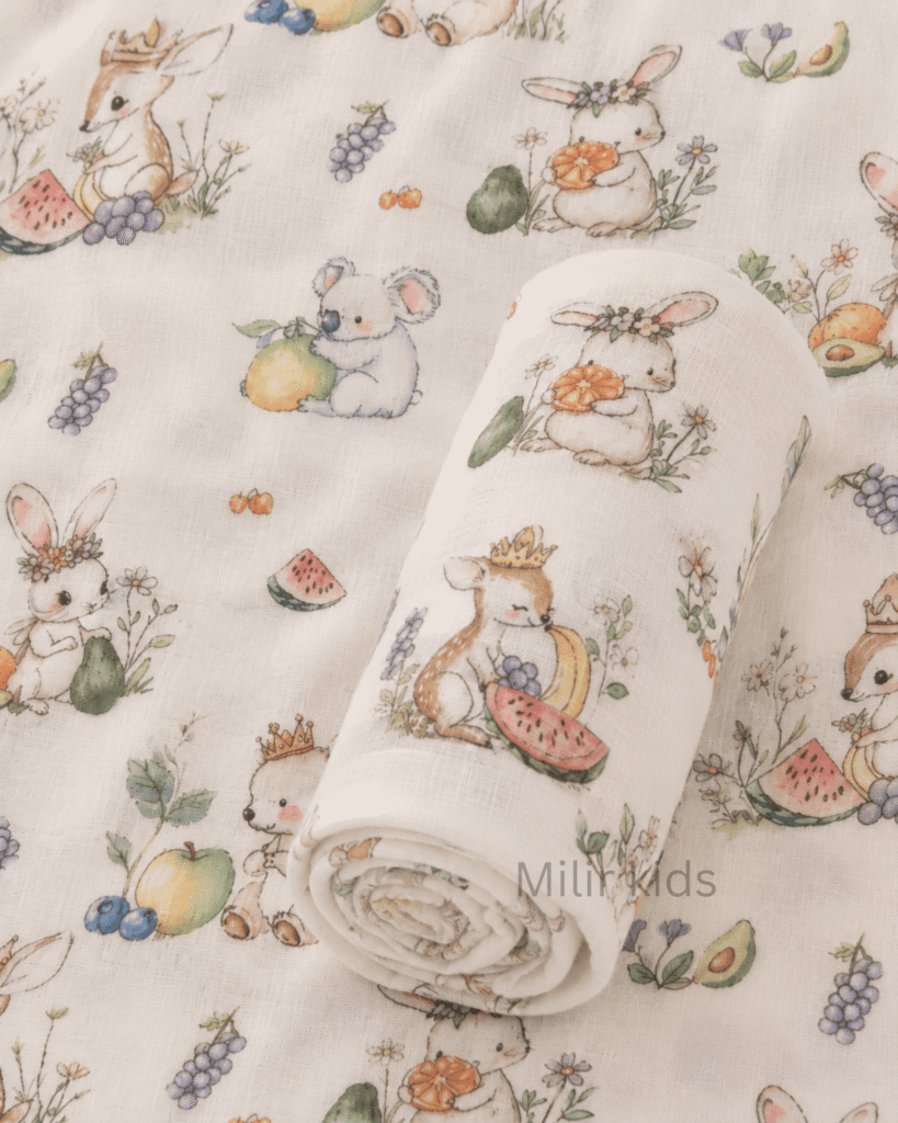 Muslin Swaddle Blanket – 130 × 110 cm – Fruit Garden Friends