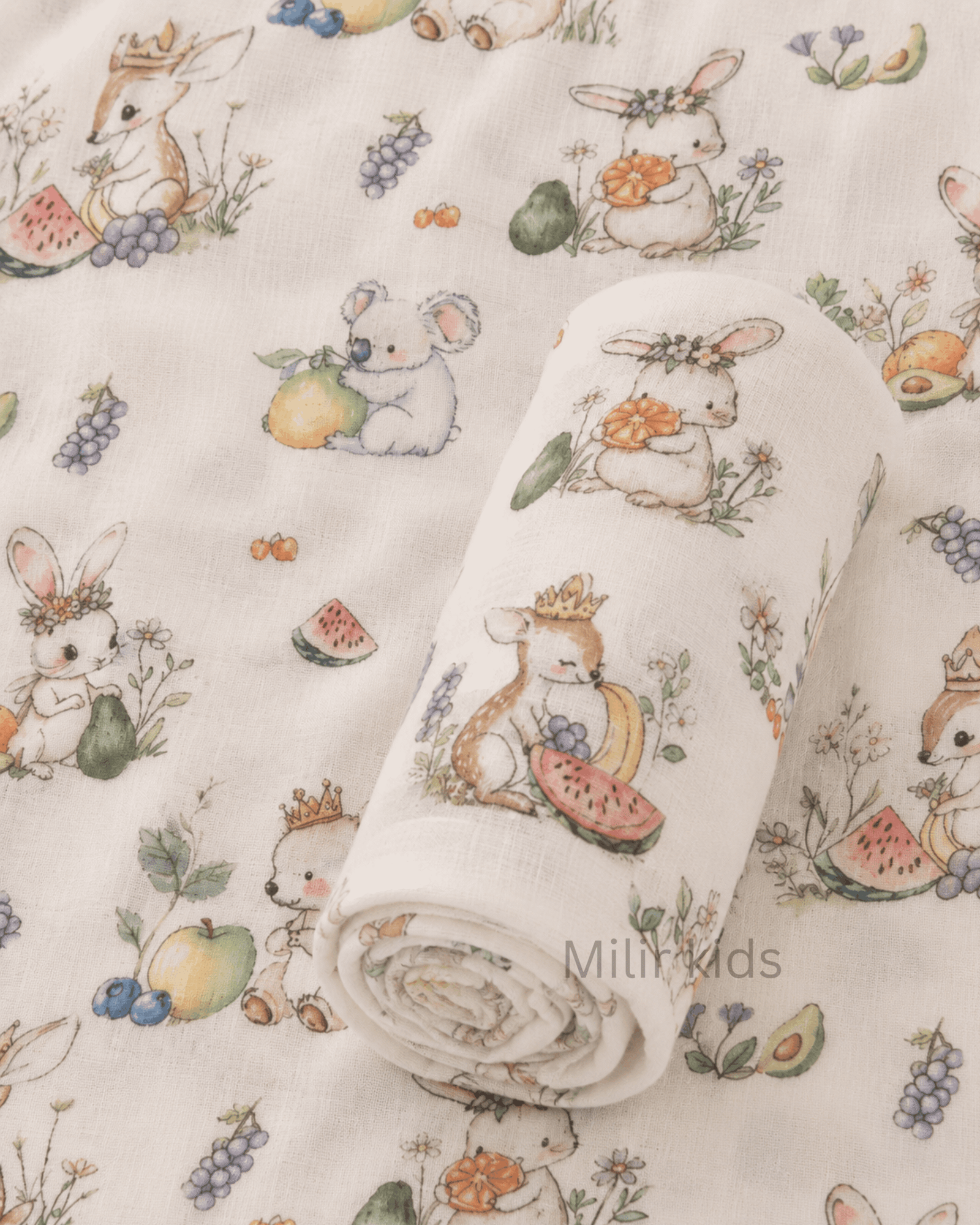 Muslin Swaddle Blanket – 130 × 110 cm – Fruit Garden Friends