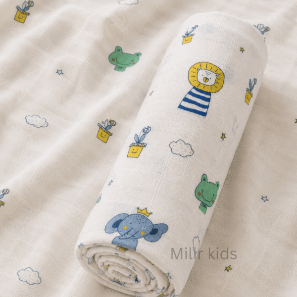 Muslin Swaddle Blanket – 130 × 110 cm – Little Safari Friends