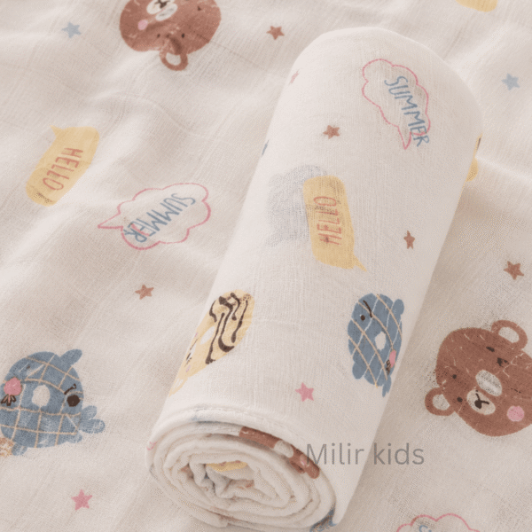 Muslin Swaddle Blanket – 130 × 110 cm – Summer Bear