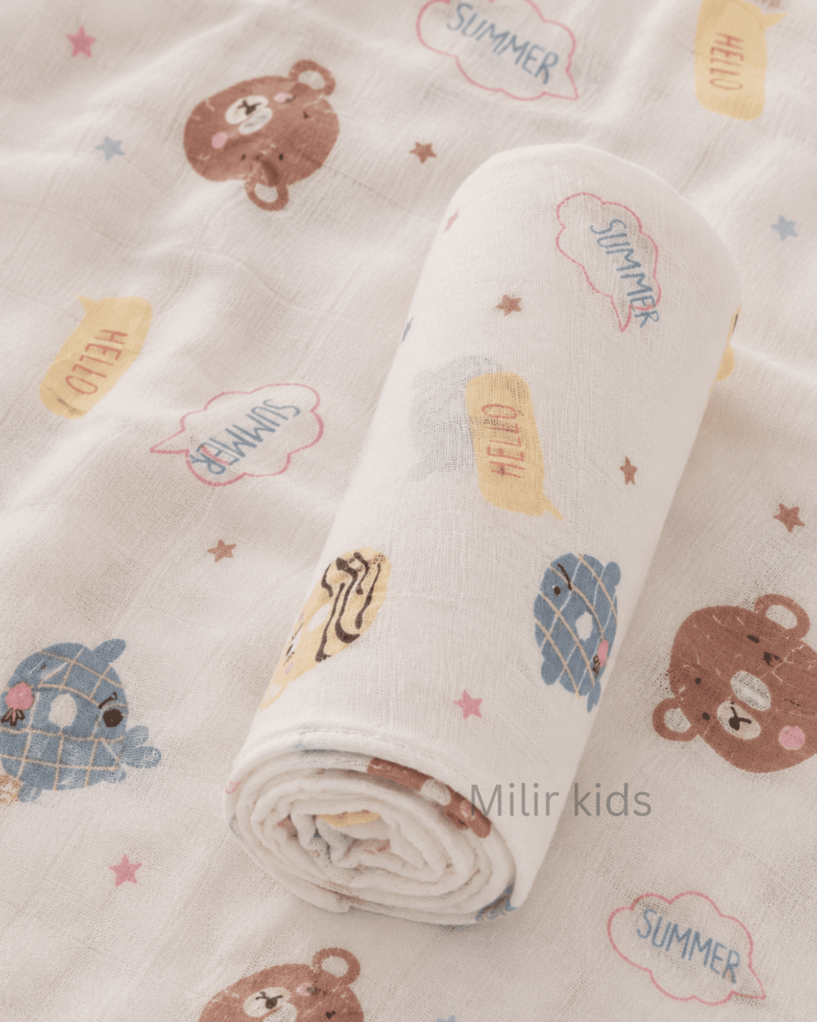 Muslin Swaddle Blanket – 130 × 110 cm – Summer Bear Muslin Swaddle Blanket – 130 × 110 cm – Summer Bear