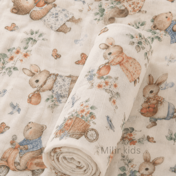 Muslin Swaddle Blanket – 130 × 110 cm – Vintage Forest Friends
