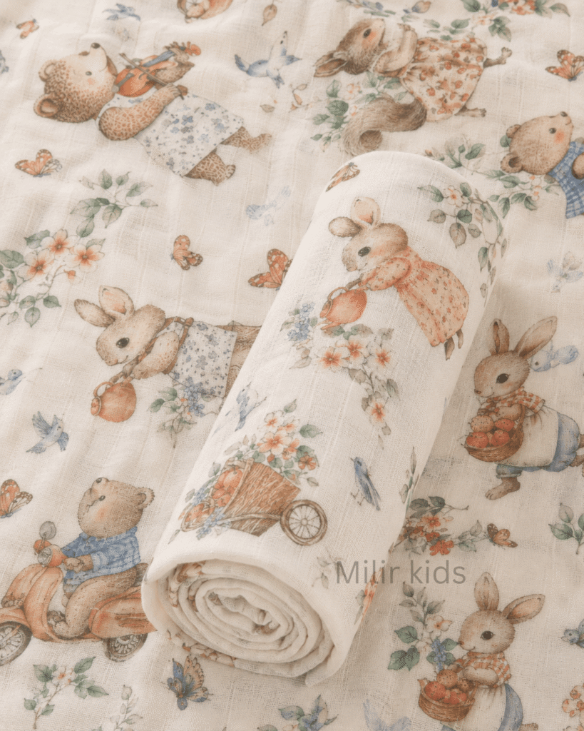 Muslin Swaddle Blanket – 130 × 110 cm – Vintage Forest Friends