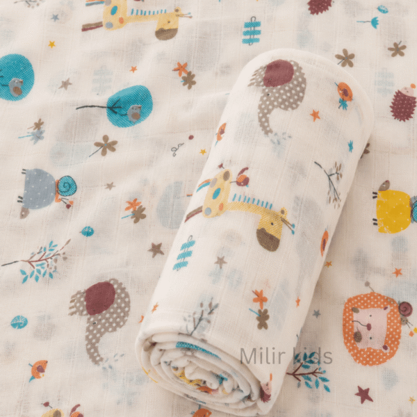 Muslin Swaddle Blanket – 130 × 110 cm – Whimsical Jungle Friends