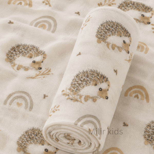 Muslin Swaddle Blanket – 130 × 110 cm – Woodland Hedgehog