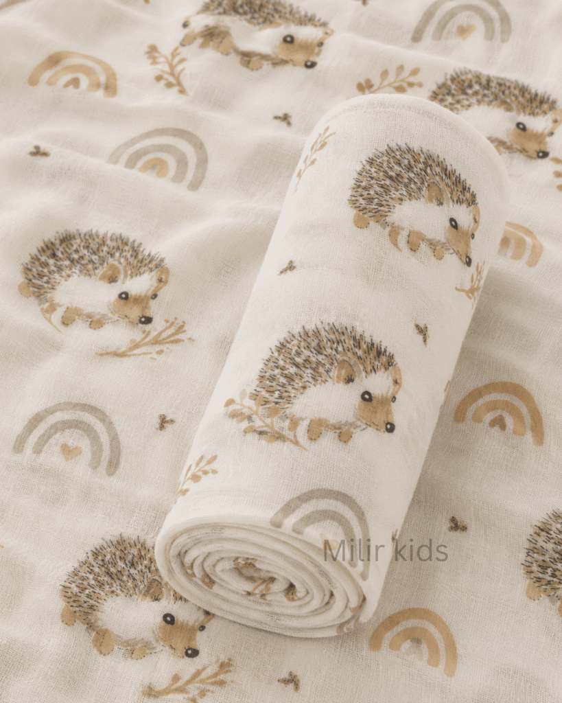 Muslin Swaddle Blanket – 130 × 110 cm – Woodland Hedgehog