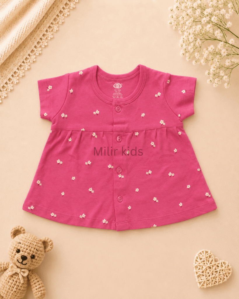 Baby Girls Floral Print Cotton Front Open Frock made from soft 100% cotton for newborns and infants.