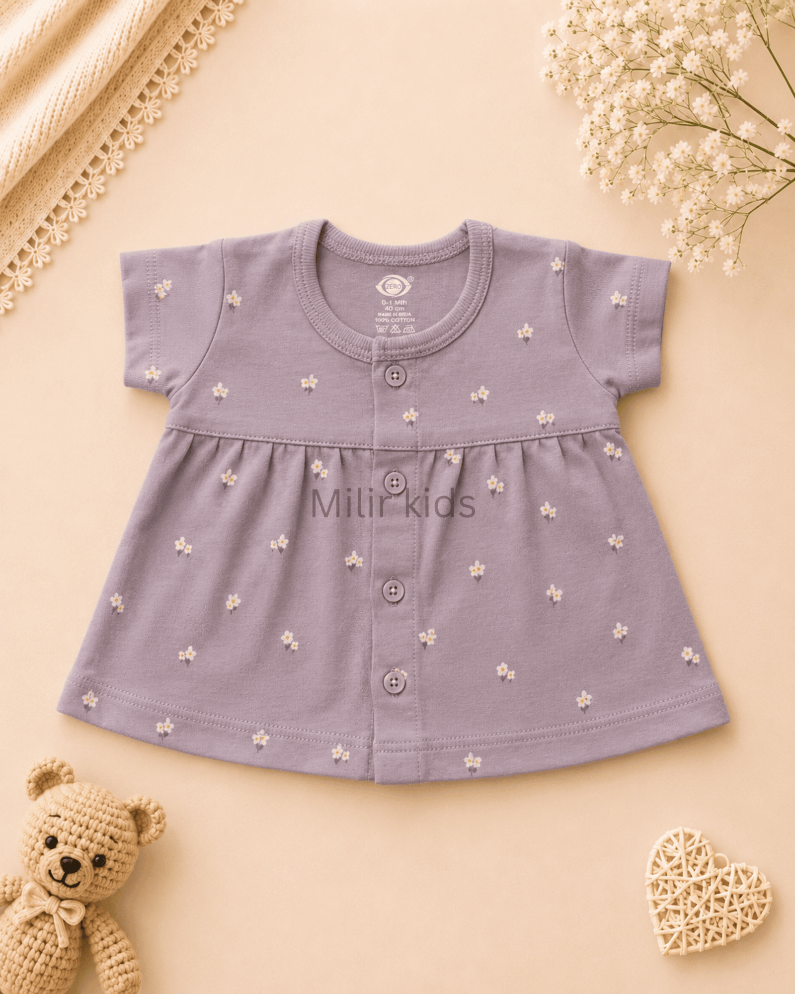 baby-girls-floral-print-cotton-front-open-frock-lavender Baby Girls Floral Print Cotton Front Open Frock made from soft 100% cotton for newborns and infants.