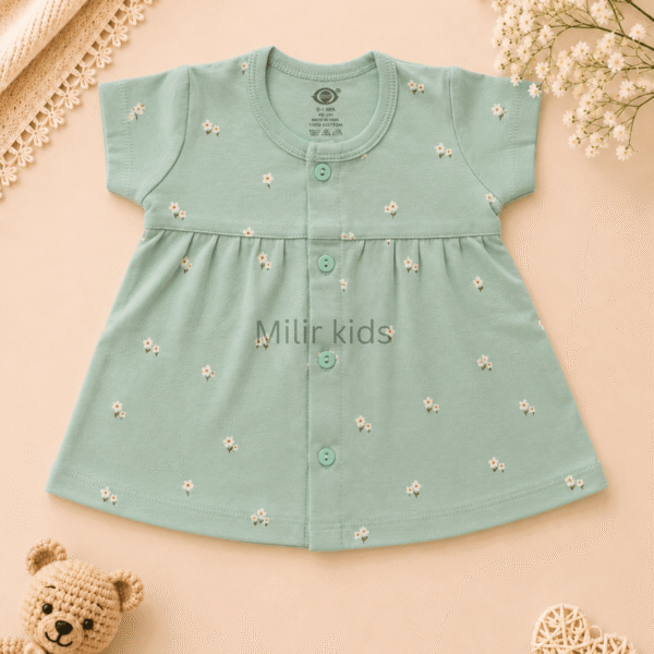 Baby Girls Floral Print Cotton Front Open Frock made from soft 100% cotton for newborns and infants.