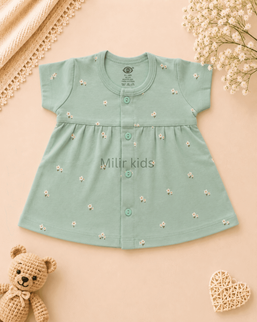 Baby Girls Floral Print Cotton Front Open Frock made from soft 100% cotton for newborns and infants.