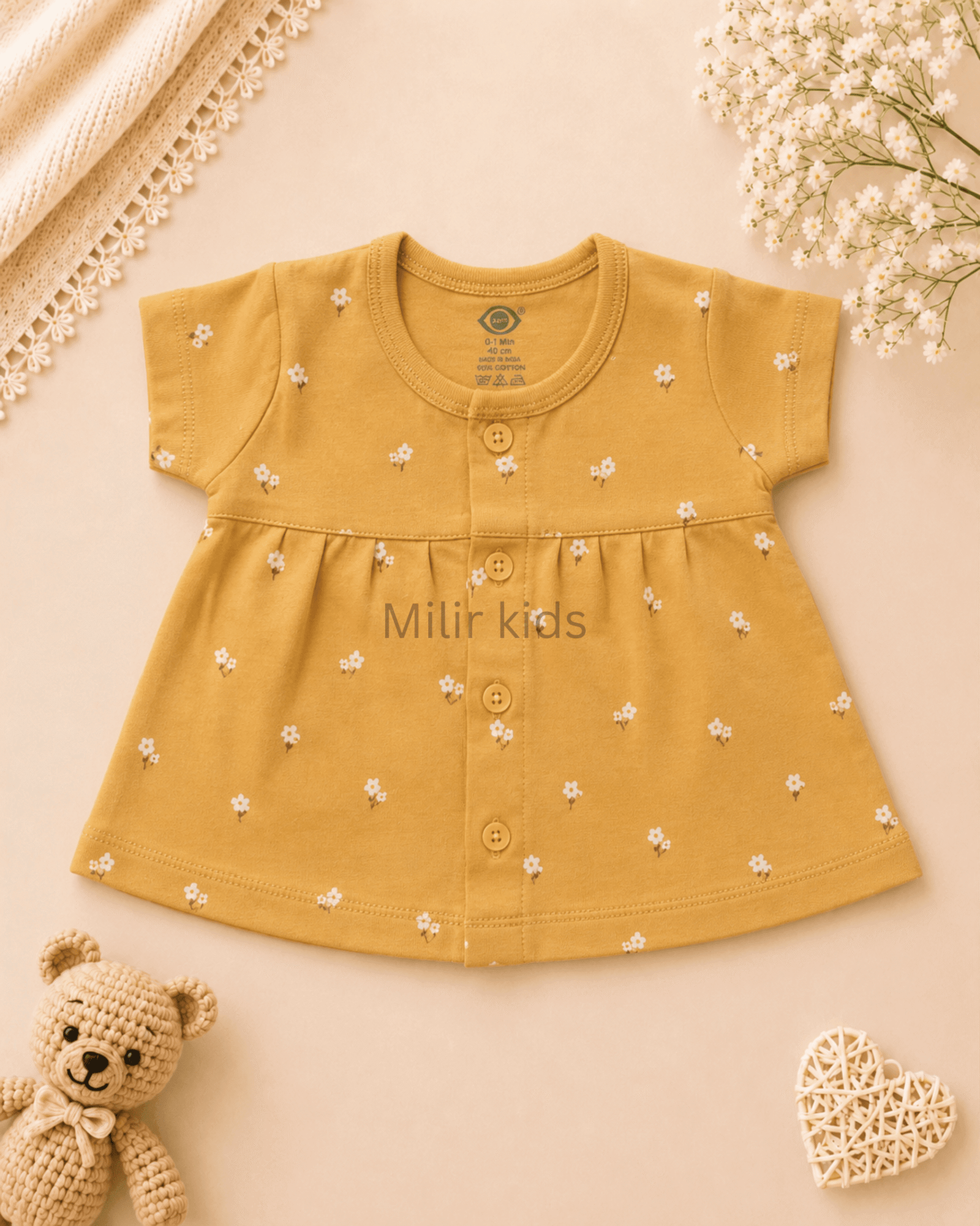 baby-girls-floral-print-cotton-front-open-frock-mustard-yellow Baby Girls Floral Print Cotton Front Open Frock made from soft 100% cotton for newborns and infants.
