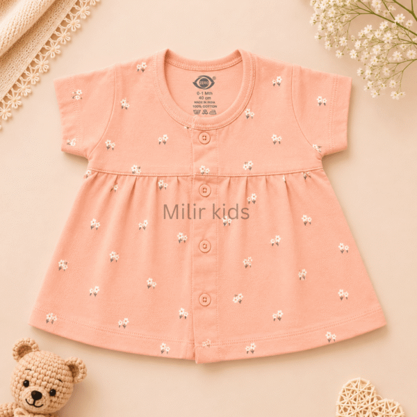 Baby Girls Floral Print Cotton Front Open Frock made from soft 100% cotton for newborns and infants.