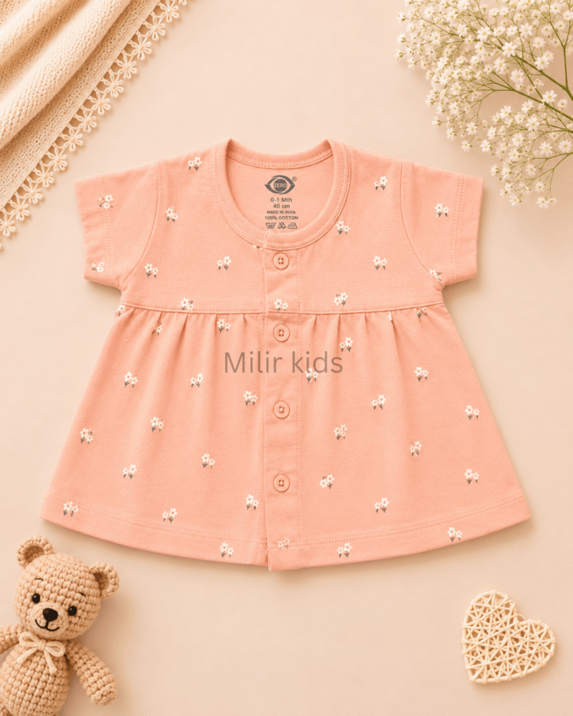 Baby Girls Floral Print Cotton Front Open Frock made from soft 100% cotton for newborns and infants.