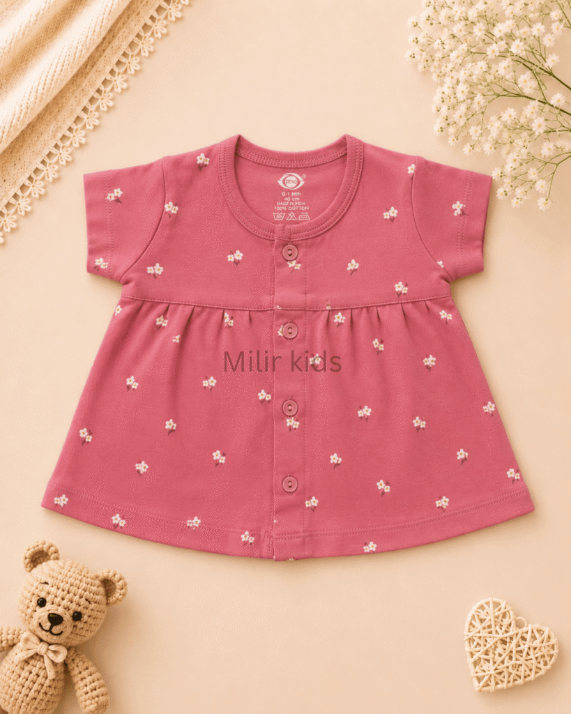 Baby Girls Floral Print Cotton Front Open Frock made from soft 100% cotton for newborns and infants.