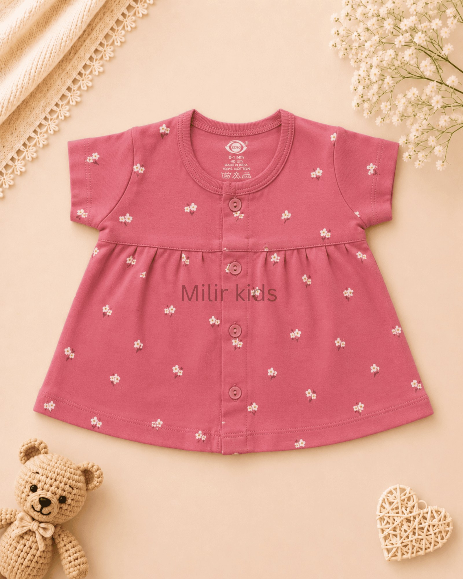 baby-girls-floral-print-cotton-front-open-frock-rose-pink Baby Girls Floral Print Cotton Front Open Frock made from soft 100% cotton for newborns and infants.