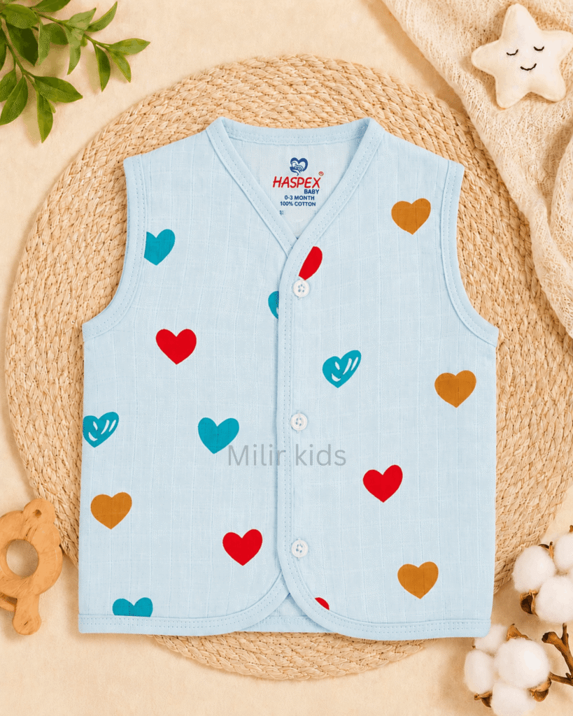 Baby Muslin Jabla Colourful Hearts Blue Print 100% Cotton Newborn Vest