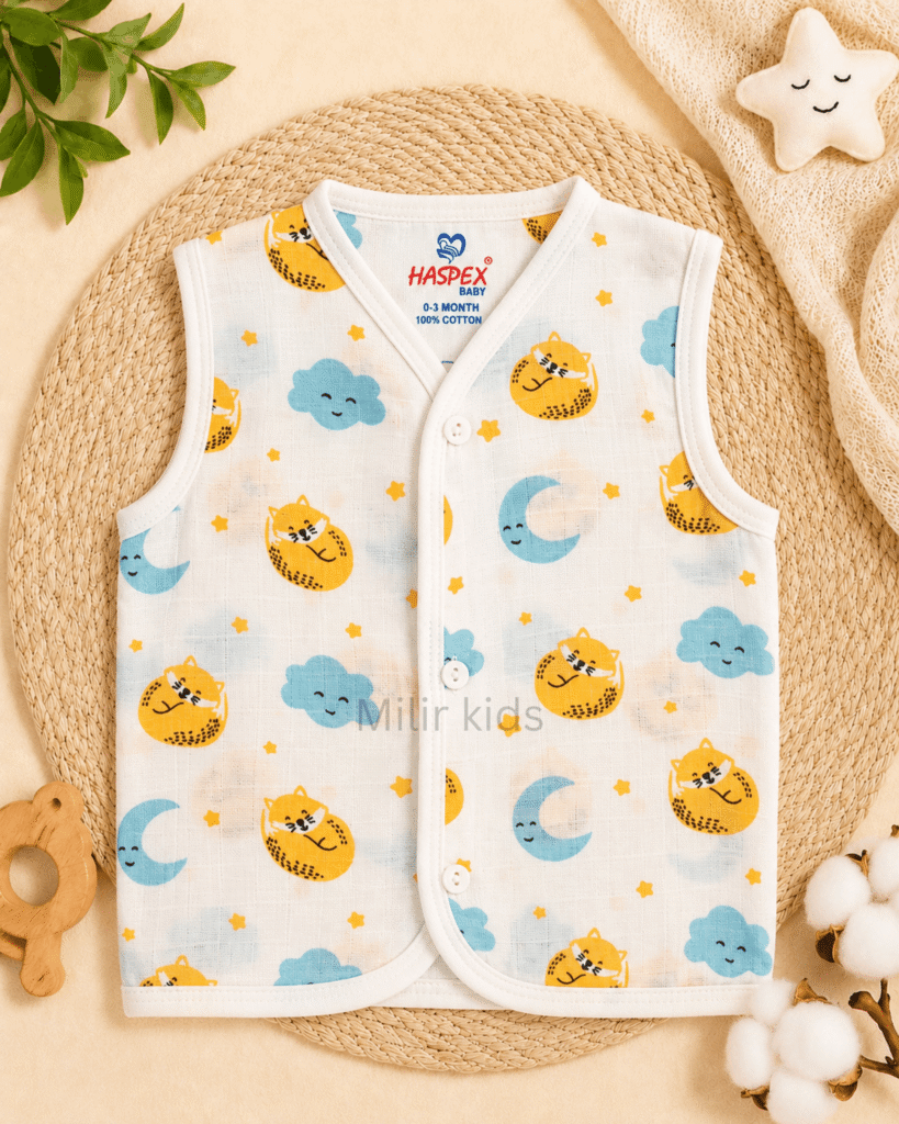 Baby Muslin Jabla Sleepy Moon Kitty Print 100% Cotton Newborn Vest