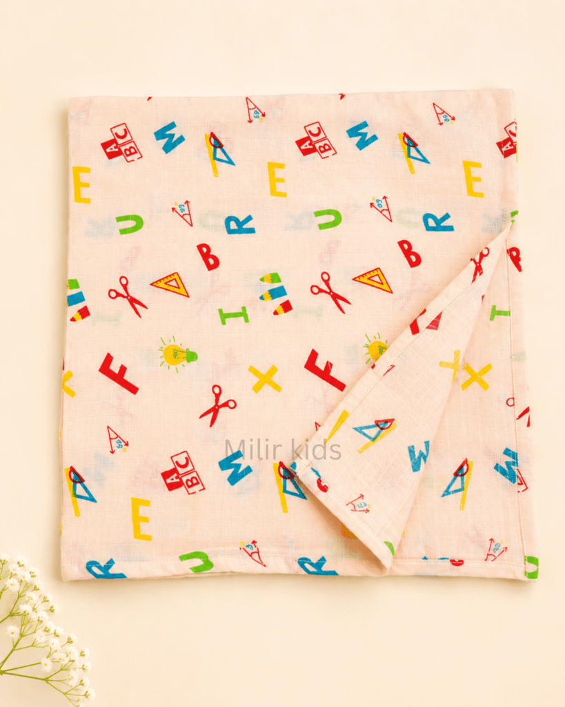 100% cotton baby muslin towel with colourful alphabet and school-themed print in 70 × 70 cm size.