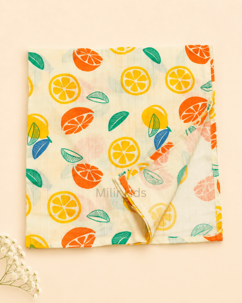 100% cotton baby muslin towel with citrus fruit print.