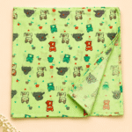 Baby muslin towel with cute animal print in green.
