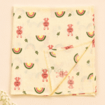 Baby muslin towel featuring cute bunny and rainbow prints.