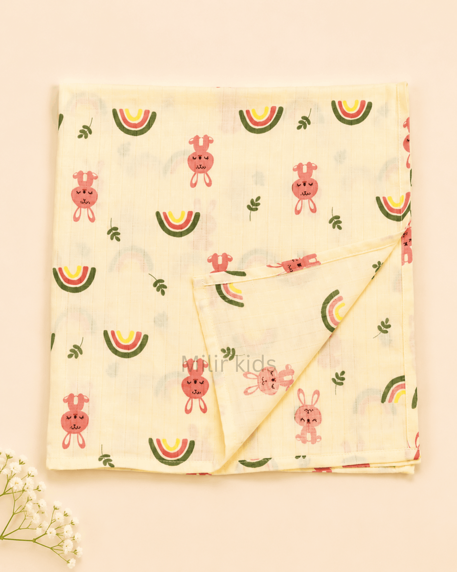 baby-muslin-towel-rainbow-bunny-70x70cm Baby muslin towel featuring cute bunny and rainbow prints.