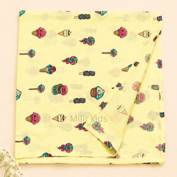 Baby muslin towel with colourful ice cream and candy print.