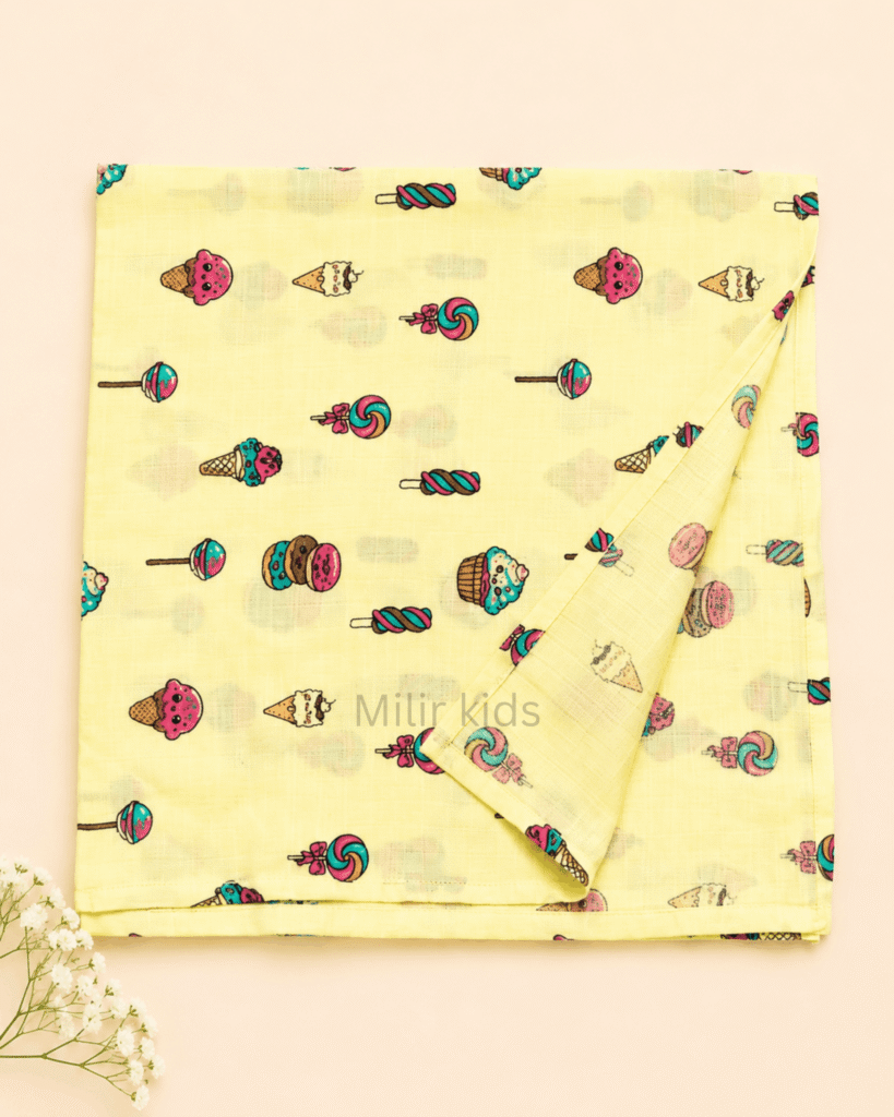 Baby muslin towel with colourful ice cream and candy print.