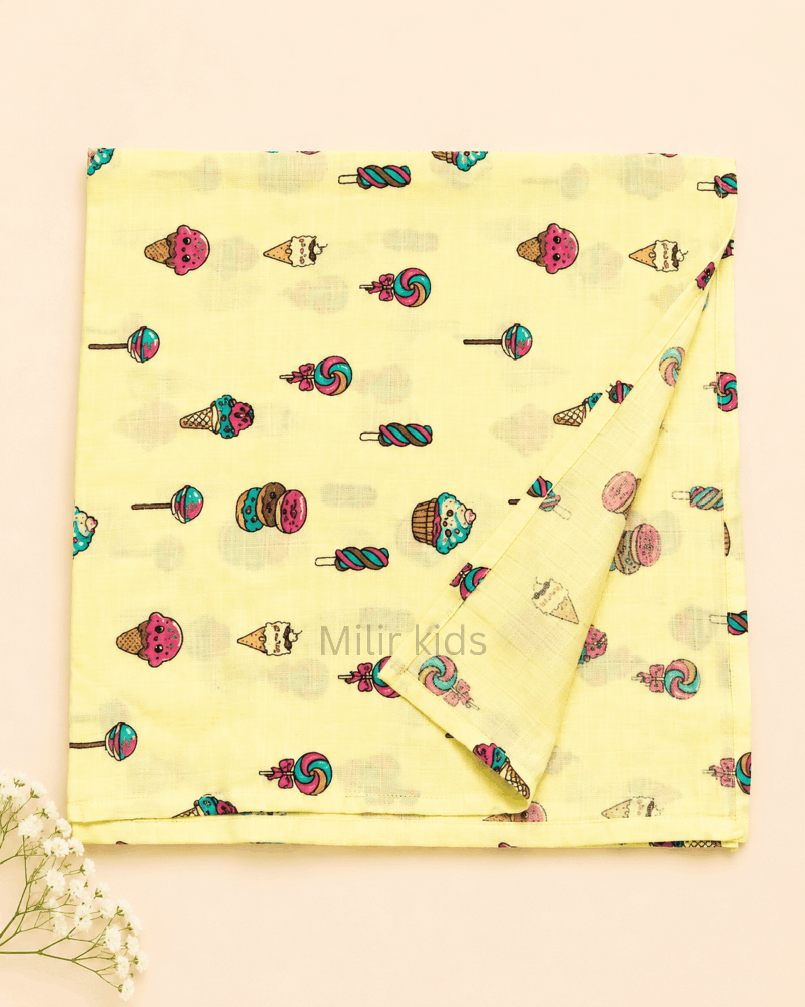 baby-muslin-towel-sweet-treats-70x70cm Baby muslin towel with colourful ice cream and candy print.