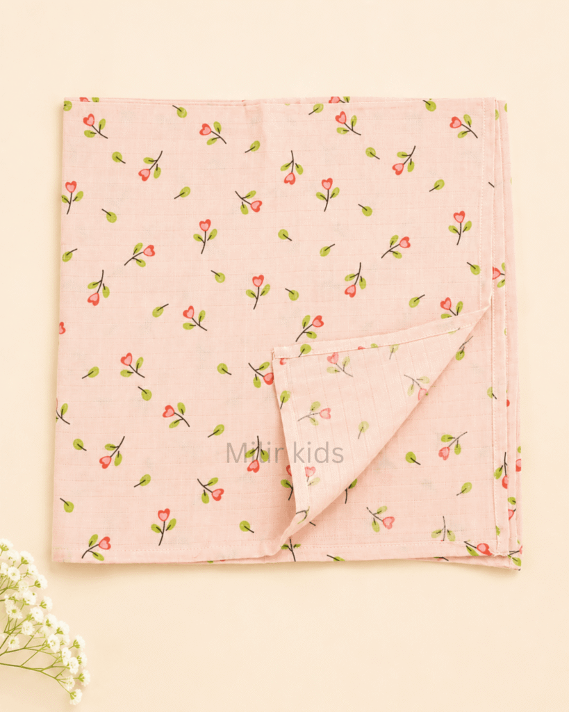 Soft baby muslin towel with tiny pink floral print.