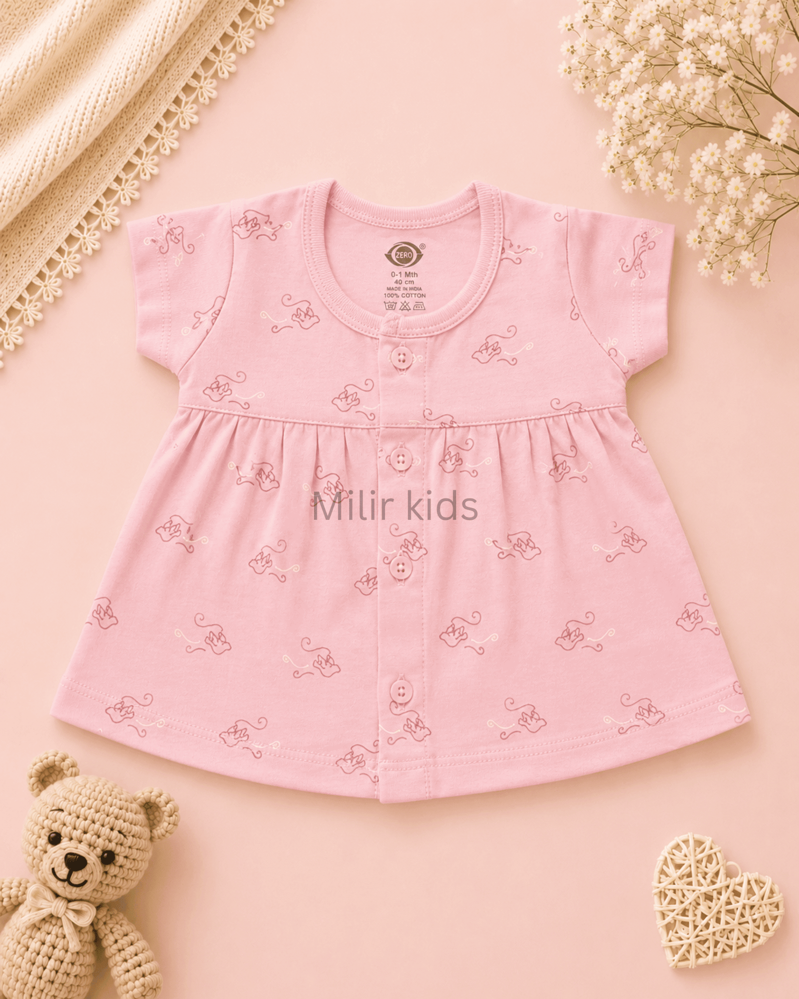 bird-print-cotton-baby-dress-baby-pink cotton baby dress for newborn girls | Soft breathable infant dress | Milir Kids