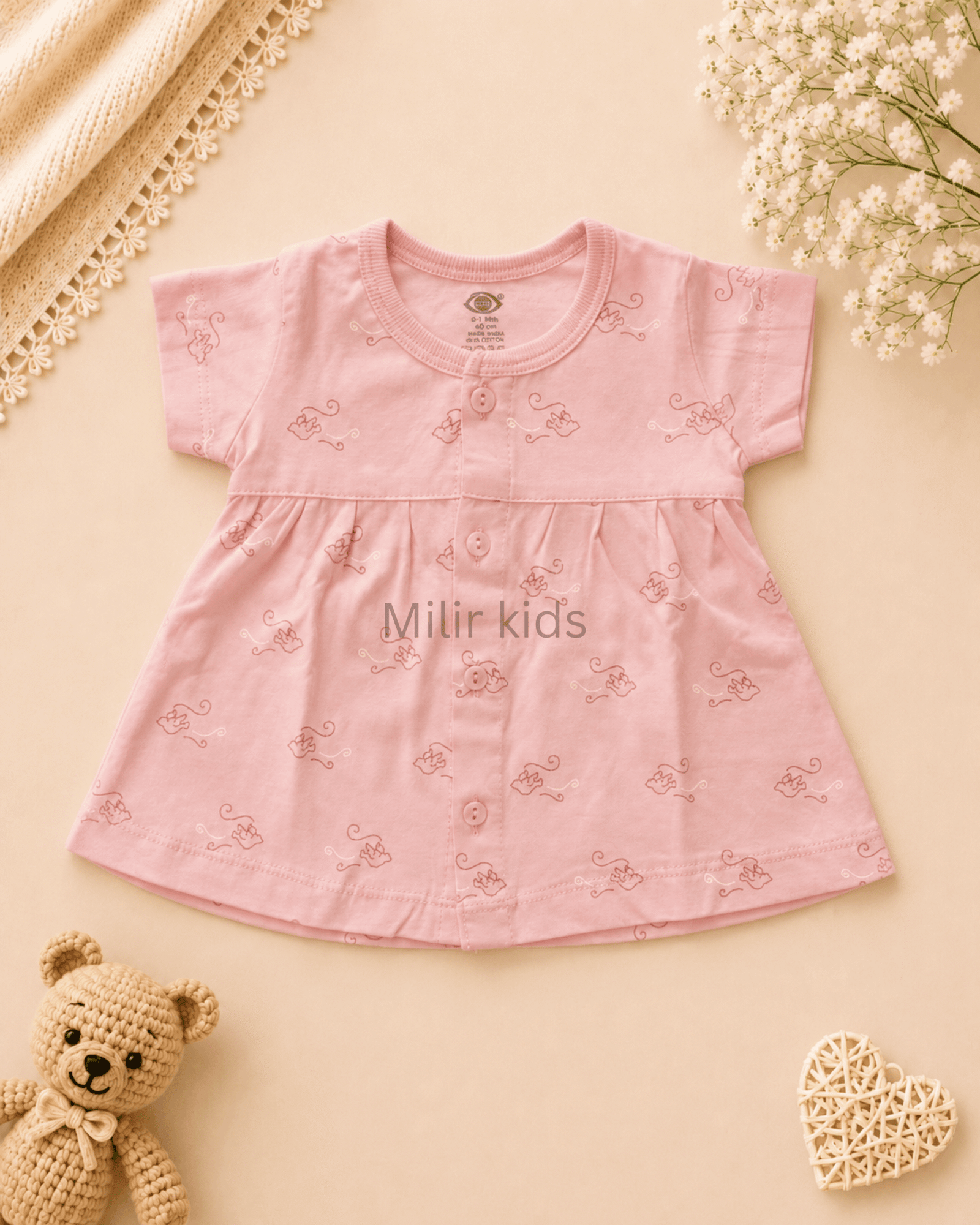bird-print-cotton-baby-dress-peach cotton baby dress for newborn girls | Soft breathable infant dress | Milir Kids
