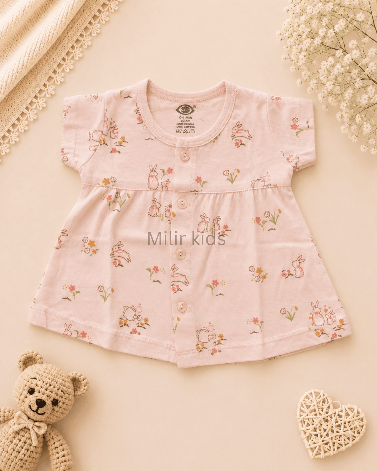 bunny-print-cotton-baby-dress-soft-peach cotton baby dress for newborn girls | Soft breathable infant dress | Milir Kids