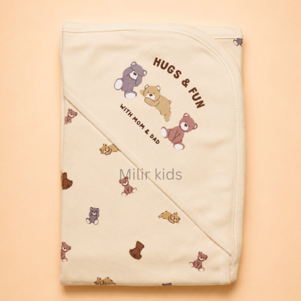 Biege hooded baby towel with teddy bear print